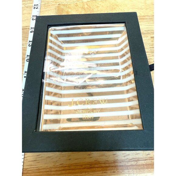 J.Crew Striped Jewelry Tray White & Gold Glass Decorative Dish 6" X 4.5" Gift - Picture 1 of 8